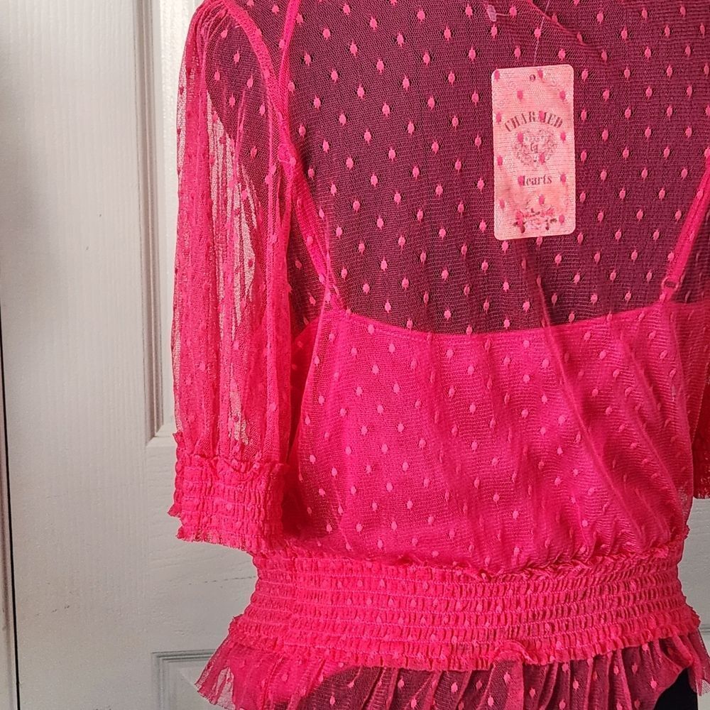 Semi Sheer Polka-Dot Tulle Blouse/Tank HOT PINK Feminine Romantic 90s Y2K - Picture 5 of 10